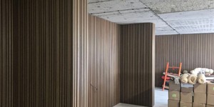 Реечная панель Different Lines, Australian Palisander, Co-Extrusion рейки разной ширины в интерьере на стенах фото (4)