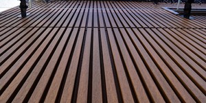 Реечная панель ДПК Turtle Shell, Middle Lines, Australian Palisander Co-Extrusion галерея фото готовых домов с облицовкой рейками  (1)