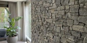 Каменная стена в интерьере фото 3D панели RKS SLATE Гранит Sesame Grey Country заказать 3